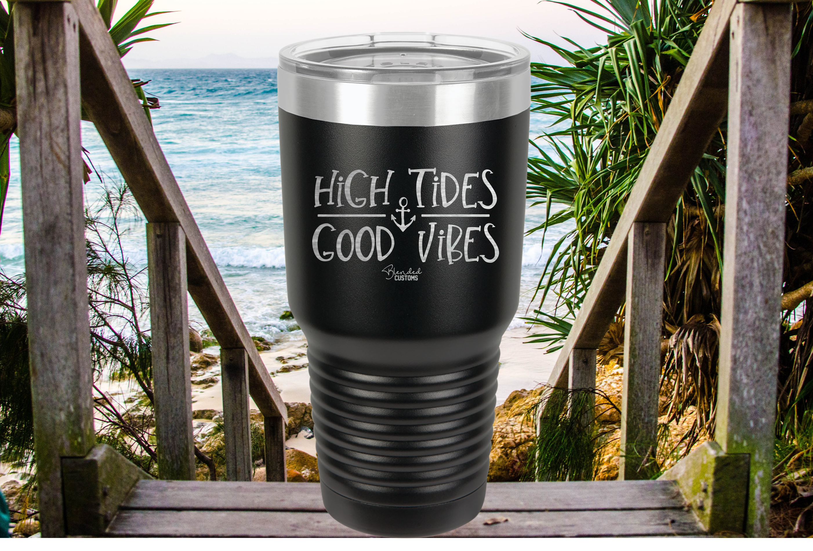 High Tides Good Vibes - Boating Engraved YETI Tumbler - Black / 20oz