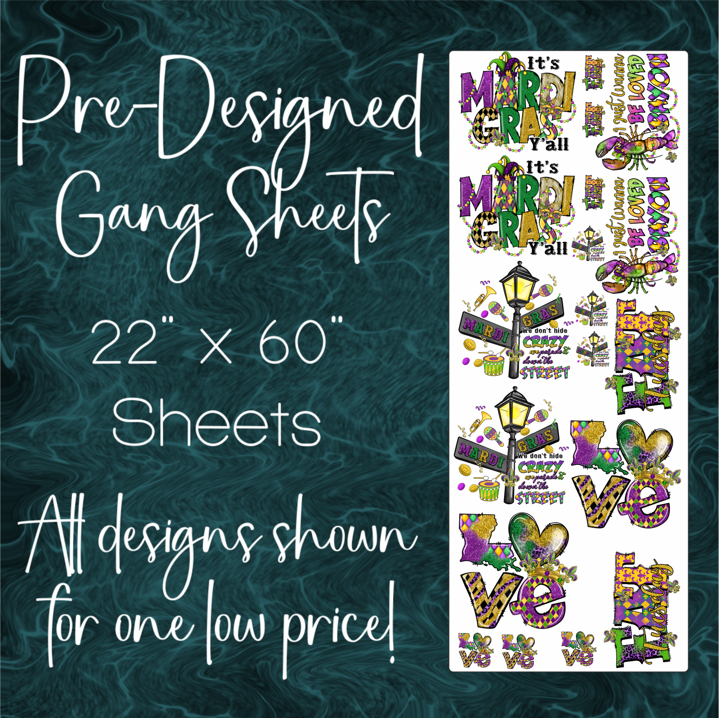 22" x 60" Pre-Made Gang Sheet - Mardi Gras 2