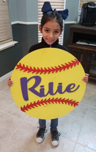 18" Round Wood Softball Name Sign