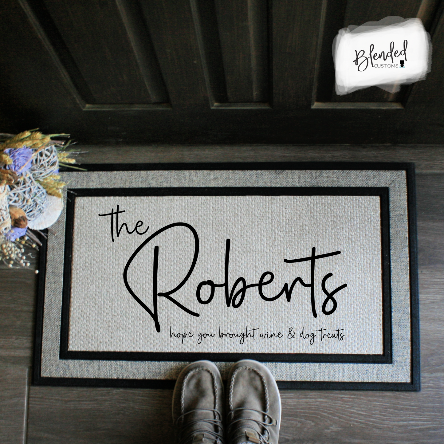 Wine and Dog Treats with Custom Name Doormat Digital Design